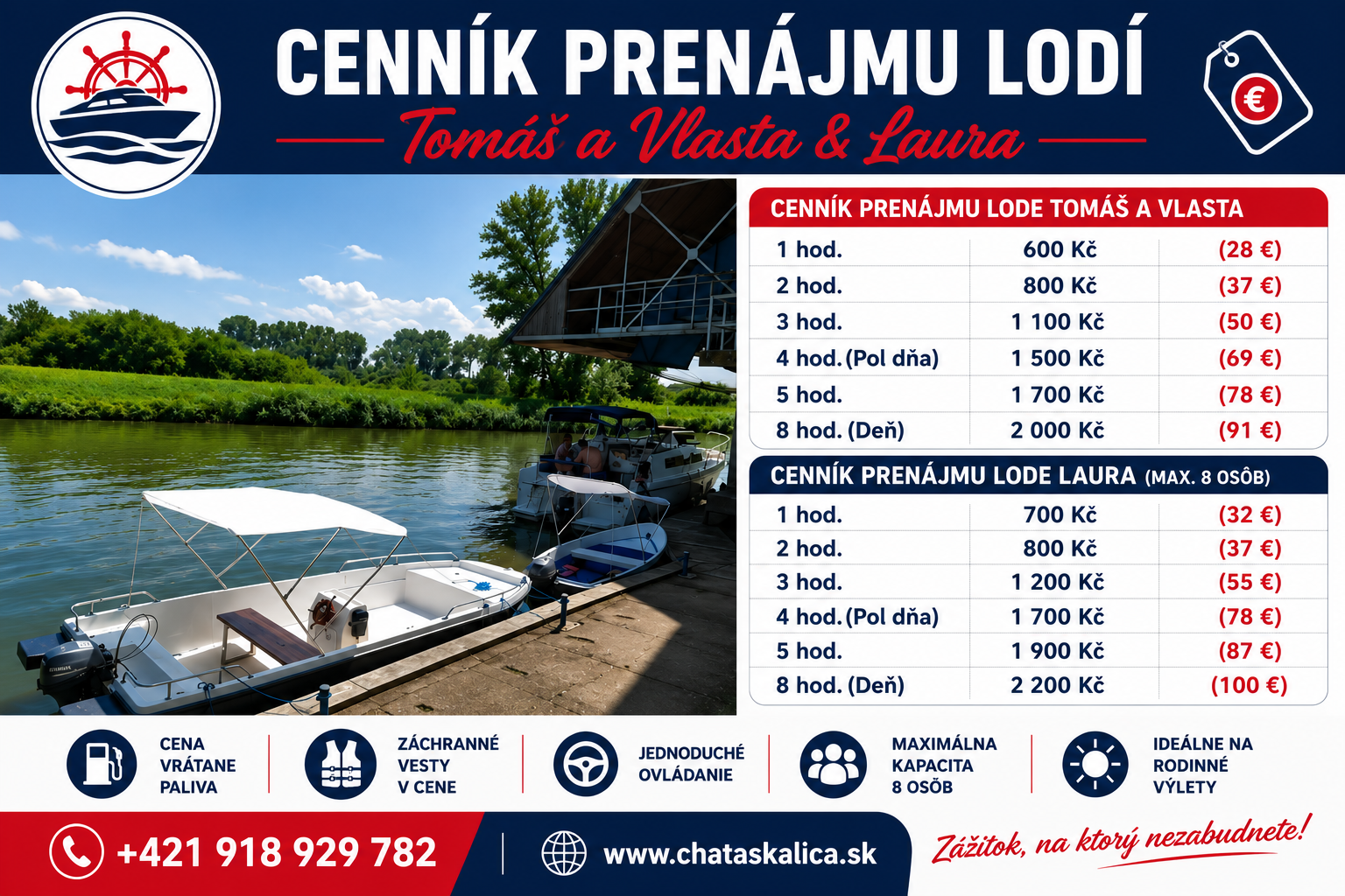 Cenník prenájmu lodí na Baťovom kanáli
